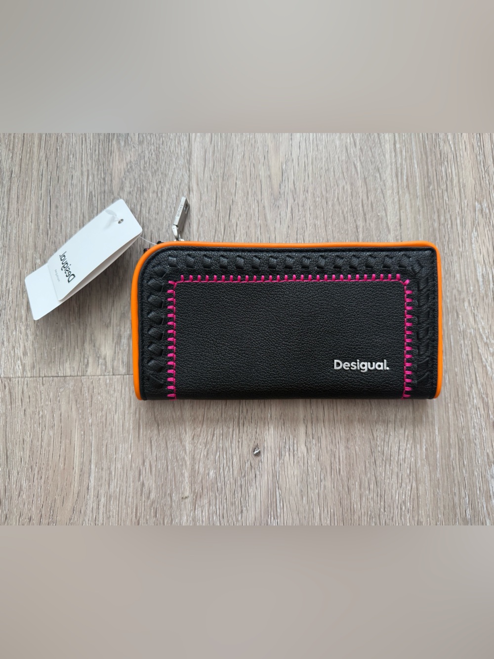 Desigual Black Wallet with Pink Stitching and Orange Trim